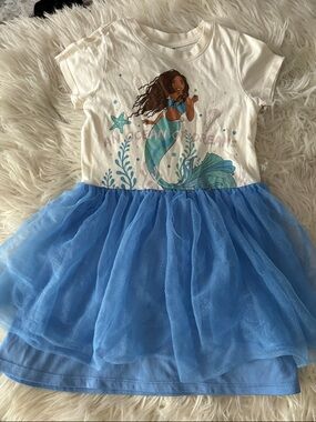 Girls Mermaid Tulle Dress - White Top with Blue Skirt